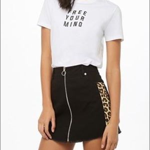 Black Zip Front Mini Skirt with Leopard Print Sides